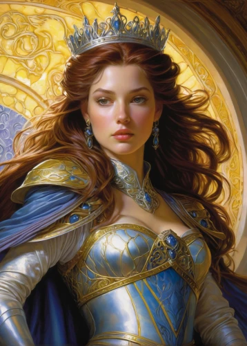 heroic fantasy,golden crown,celtic queen,joan of arc,fantasy portrait,fantasy woman,blue enchantress,fantasy art,paladin,gold crown,almudena,cinderella,monarch,merida,mary-gold,the snow queen,imperial crown,queen anne,catarina,artemisia,Illustration,Realistic Fantasy,Realistic Fantasy 03