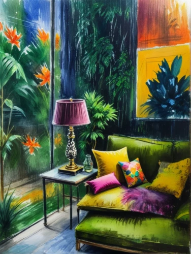 sitting room,living room,livingroom,conservatory,oil painting on canvas,boho art,apartment lounge,cabana,oil on canvas,oil painting,partiture,interior decor,studio couch,home landscape,sofa,fabric painting,house plants,glass painting,indoor,art painting,Photography,General,Fantasy