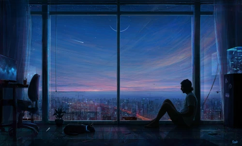 sky apartment,cityscape,evening atmosphere,city lights,blue room,bedroom window,the night sky,evening city,cyberpunk,night sky,above the city,windows,dusk,night scene,window to the world,dream world,world digital painting,city view,dusk background,in the evening