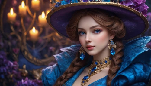 blue enchantress,victorian lady,fairy tale character,cinderella,fantasy portrait,fairy queen,fantasy art,fantasy picture,beautiful bonnet,the carnival of venice,rapunzel,princess anna,faery,fantasy woman,bluebell,3d fantasy,the enchantress,mystical portrait of a girl,the hat of the woman,fairy tale,Photography,General,Fantasy