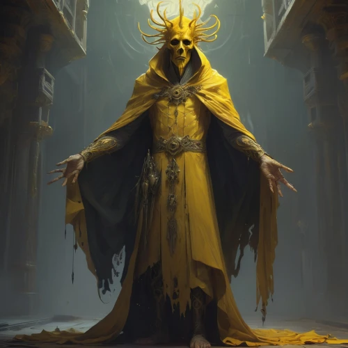 golden crown,archimandrite,priestess,high priest,priest,death god,prophet,light bearer,undead warlock,dodge warlock,golden mask,emperor,the abbot of olib,clergy,magistrate,sepulchre,defense,magus,yellow crown amazon,the collector,Conceptual Art,Fantasy,Fantasy 01
