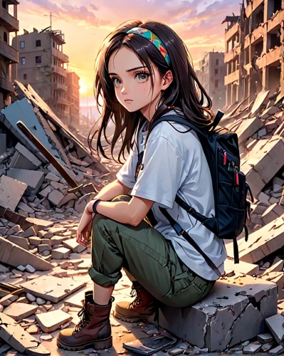 gunkanjima,lost in war,post apocalyptic,post-apocalypse,children of war,girl with gun,journalist,determination,nico,world digital painting,wasteland,apocalyptic,destroyed city,gi,graffiti,m4a4,dusk background,nagasaki,dacia,stalingrad,Anime,Anime,General