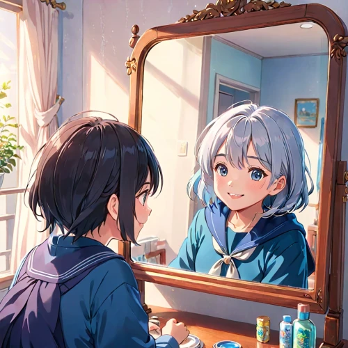 doll looking in mirror,makeup mirror,in the mirror,applying make-up,mirror,the mirror,magic mirror,beauty room,mirror reflection,put on makeup,the long-hair cutter,piko,self-reflection,hair care,mirror frame,oil cosmetic,tying hair,dressing table,cleaning conditioner,outside mirror,Anime,Anime,Realistic