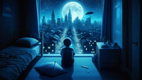 sci fiction illustration,blue room,night scene,night image,sleeping room,dream world,the night sky,nightlight,boy's room picture,space art,night light,the little girl's room,snowhotel,nightscape,night watch,fantasy picture,cg artwork,night sky,fantasy city,my neighbor totoro