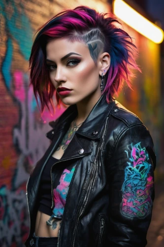 punk,punk design,grunge,mohawk,cyberpunk,pink hair,renegade,streampunk,tattoo girl,colorful background,toni,lis,leather jacket,rocker,goth woman,harley,poison,mohawk hairstyle,goth subculture,ammo,Illustration,Paper based,Paper Based 22