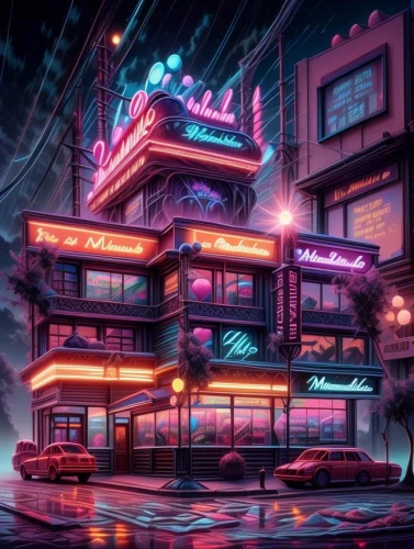 retro diner,cyberpunk,neon coffee,electric gas station,80's design,neon ghosts,neon lights,80s,neon sign,fantasy city,neon drinks,neon arrows,neon light,motel,drive in restaurant,diner,cyberspace,fast food restaurant,tokyo,neon