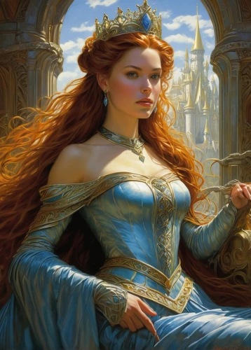 celtic queen,cinderella,merida,fantasy portrait,golden crown,fantasy woman,heroic fantasy,the snow queen,almudena,fantasy picture,fantasy art,elsa,rapunzel,yellow crown amazon,fairy tale character,tiara,caerula,blue enchantress,monarch,a princess,Illustration,Realistic Fantasy,Realistic Fantasy 03