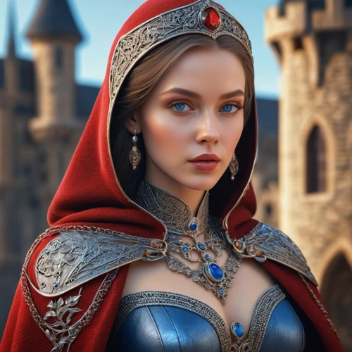 fantasy portrait,fantasy art,celtic queen,fantasy woman,crown render,fantasy picture,massively multiplayer online role-playing game,fairy tale character,red cape,red tunic,3d fantasy,fairy tale icons,samara,violet head elf,eufiliya,elsa,queen of hearts,elf,female warrior,cinderella,Photography,General,Sci-Fi