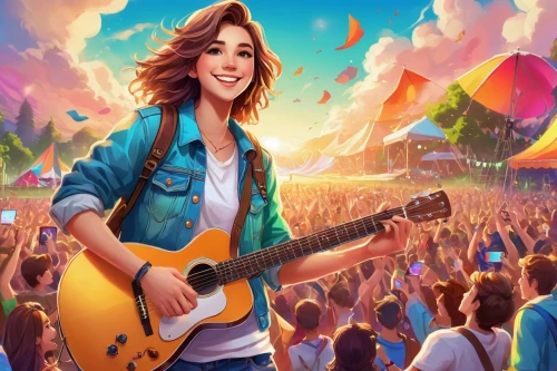 music festival,concert guitar,festival,guitar player,the festival of colors,guitar,life stage icon,musician,rock concert,game illustration,cg artwork,hippy market,music background,guitarist,village festival,concert,feist,woman playing,world digital painting,rosa ' amber cover,Illustration,Realistic Fantasy,Realistic Fantasy 01