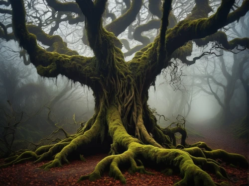 the roots of trees,forest tree,tree moss,tree and roots,magic tree,foggy forest,celtic tree,crooked forest,elven forest,gnarled,isolated tree,old-growth forest,creepy tree,old gnarled oak,old tree,dragon tree,oak tree,the branches of the tree,strange tree,branching,Art,Artistic Painting,Artistic Painting 38