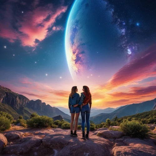 astronomers,loving couple sunrise,fantasy picture,celestial bodies,romantic scene,space art,moon and star background,the universe,honeymoon,astronomical,planet eart,the moon and the stars,astronomy,universe,landscape background,photo manipulation,scene cosmic,stargazing,photomanipulation,love background,Photography,General,Realistic