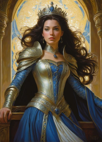 heroic fantasy,fantasy portrait,joan of arc,blue enchantress,golden crown,fantasy woman,celtic queen,fantasy art,jaya,mary-gold,artemisia,imperial crown,the snow queen,gold crown,sterntaler,the throne,fantasy picture,paladin,queen crown,queen s,Illustration,Realistic Fantasy,Realistic Fantasy 03