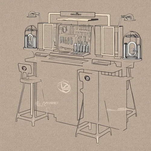 apothecary,sewing machine,secretary desk,espresso machine,soda fountain,workbench,bar counter,bar,liquor bar,laboratory,desk,bartender,coffee machine,computer workstation,computer desk,coffee tea illustration,sewing room,writing desk,cosmetics counter,music chest,Design Sketch,Design Sketch,Blueprint