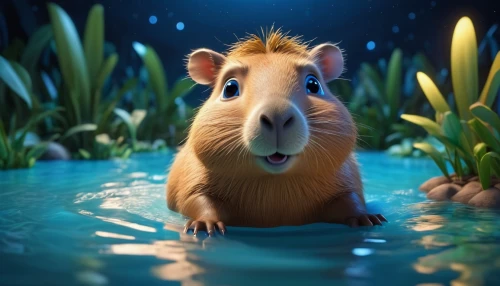 capybara,hippopotamus,ratatouille,animal film,beaver rat,hippo,guineapig,aquatic mammal,whimsical animals,guinea pig,musical rodent,anthropomorphized animals,cute cartoon character,mowgli,gerbil,strohbär,disney character,underwater background,tapir,lilo,Unique,3D,3D Character