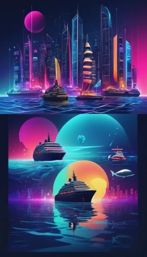 futuristic landscape,futuristic,80's design,space ships,alien planet,alien world,alien ship,boat landscape,yachts,scifi,voyage,sci fiction illustration,fantasy city,sci - fi,sci-fi,3d fantasy,sea fantasy,spaceship space,spaceships,lagoon,Illustration,Realistic Fantasy,Realistic Fantasy 19