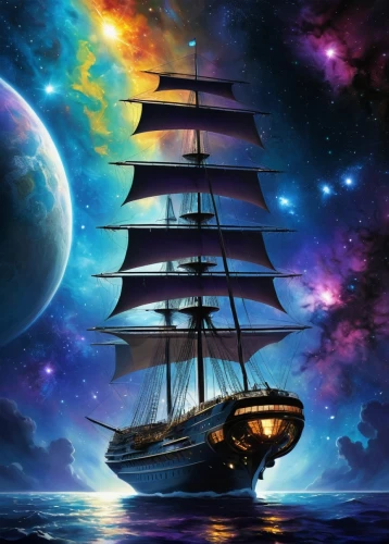 sailing ship,sea sailing ship,sail ship,galleon ship,star ship,sailing ships,sea fantasy,tallship,sailing vessel,galleon,full-rigged ship,sailing blue purple,ship travel,black pearl,waterglobe,fantasy picture,voyager,caravel,the ship,three masted sailing ship,Illustration,Realistic Fantasy,Realistic Fantasy 06