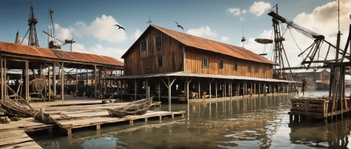 docks,stilt houses,ship yard,hanseatic city,trireme,wooden pier,wooden boats,venetian lagoon,boat yard,port on the danube,harbor,stilt house,docked,dock,viking ships,boat harbor,wooden construction,seaport,maritime museum,floating huts,Illustration,Realistic Fantasy,Realistic Fantasy 10