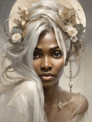 fantasy portrait,african woman,white lady,african american woman,girl in a wreath,white rose snow queen,fantasy art,portrait background,mystical portrait of a girl,world digital painting,white blossom,faery,woman portrait,dryad,the snow queen,tiana,digital painting,romantic portrait,mucha,fantasy woman