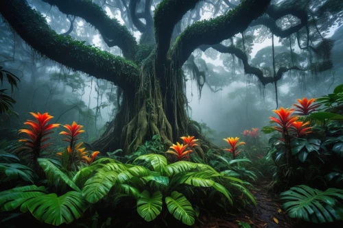 rain forest,tropical tree,foggy forest,rainforest,fairy forest,forest floor,forest orchid,tropical bloom,tropical jungle,forest tree,forest plant,fairytale forest,enchanted forest,flourishing tree,elven forest,forest flower,tropical flowers,flower tree,valdivian temperate rain forest,oleaceae,Conceptual Art,Fantasy,Fantasy 13