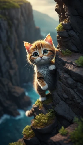 aegean cat,cute cat,cartoon cat,meteora,cliff,simba,leap of faith,rock climber,cat,cat image,climb,rescue alley,felidae,little cat,cat-ketch,ginger kitten,rex cat,mountain climber,mowgli,tabby cat,Illustration,Abstract Fantasy,Abstract Fantasy 06