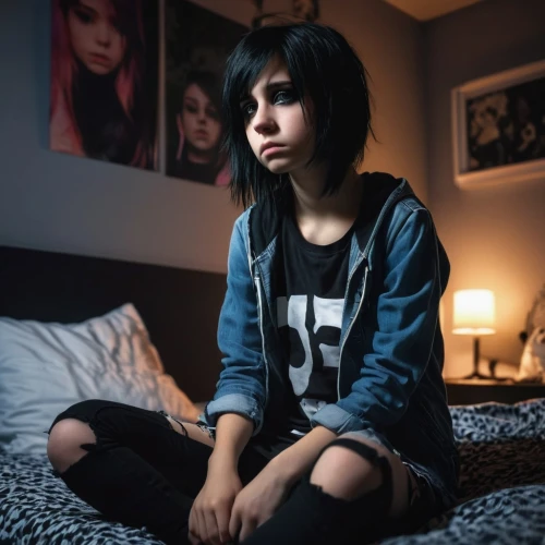 emo,depressed woman,worried girl,lis,girl in t-shirt,moody portrait,girl in bed,stop teenager suicide,sad girl,girl sitting,girl in a long,teen,isolated t-shirt,sad woman,grunge,girl portrait,portrait of a girl,anime girl,goth woman,anxiety disorder,Photography,General,Realistic