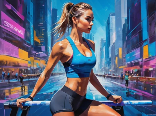 female runner,neon body painting,world digital painting,sprint woman,oil painting on canvas,fitness and figure competition,cityscape,fitness professional,workout items,city ​​portrait,treadmill,sports girl,cyberpunk,runner,athletic body,decathlon,sci fiction illustration,painting technique,exercise,fitness,Conceptual Art,Oil color,Oil Color 10