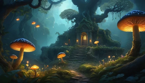 mushroom landscape,fairy forest,mushroom island,fairy village,enchanted forest,forest mushrooms,mushrooms,forest mushroom,fairytale forest,elven forest,toadstools,umbrella mushrooms,fairy world,fairy lanterns,haunted forest,druid grove,fantasy landscape,fairy house,forest of dreams,fantasy picture,Illustration,Realistic Fantasy,Realistic Fantasy 16