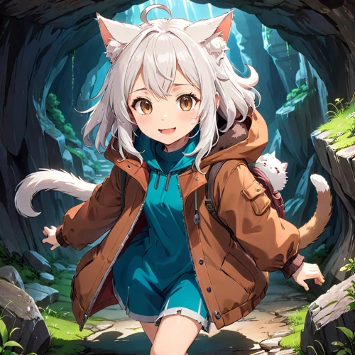 parka,piko,arctic fox,child fox,nyan,inari,cat child,stray cat,meteora,cute fox,forest background,toori,kitsune,cute cat,little cat,feral cat,cub,uruburu,transparent background,little fox,Anime,Anime,Traditional