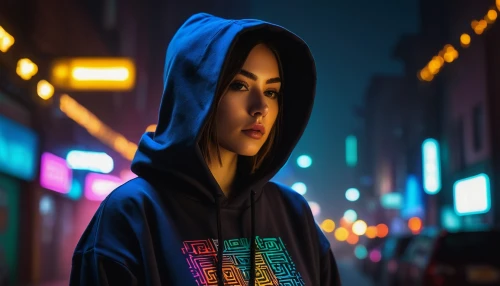 hoodie,mulan,cyberpunk,neon light,neon lights,colored lights,sweatshirt,aura,neon,bokeh,city lights,photo session at night,cyber,background bokeh,colorful background,guk,kai,city ​​portrait,neon ghosts,light paint,Art,Artistic Painting,Artistic Painting 41