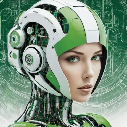 circuit board,cybernetics,women in technology,android,cyborg,sci fiction illustration,humanoid,cyber,biomechanical,artificial intelligence,wearables,ai,green,droid,head woman,robotic,printed circuit board,green and white,patrol,virtual identity,Conceptual Art,Sci-Fi,Sci-Fi 24