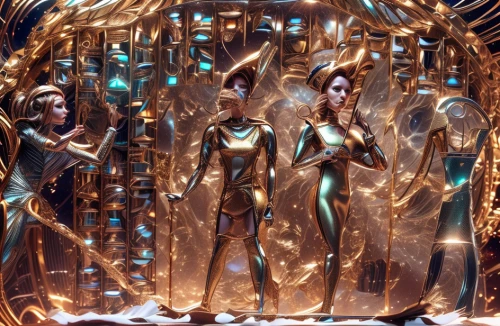 golden scale,apollo and the muses,bronze figures,queen cage,mermaids,mannequins,beauty pageant,the sculptures,celtic woman,3d fantasy,gold wall,gold foil 2020,pageant,gold shop,sirens,stage design,golden crown,art deco,girl group,christmas crib figures