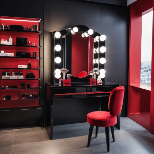 beauty room,beauty salon,salon,dressing table,cosmetics counter,red milan,hairdressing,dressing room,makeup mirror,cosmetic products,women's cosmetics,lacquer,hairdressers,hairdresser,search interior solutions,boutique,vitrine,barber shop,consulting room,barbershop,Photography,General,Realistic