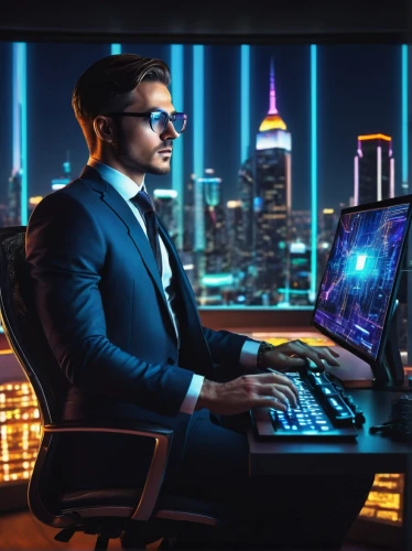 man with a computer,night administrator,computer business,ceo,cyber glasses,blur office background,cyberpunk,computer workstation,neon human resources,the community manager,computer desk,white-collar worker,computer freak,spy,cyber crime,business online,programmer,modern office,business man,developer,Unique,Paper Cuts,Paper Cuts 01