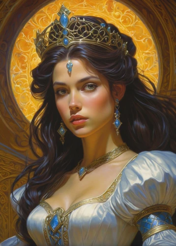 fantasy portrait,celtic queen,fantasy woman,fantasy art,golden crown,cleopatra,priestess,heroic fantasy,gold crown,diadem,sorceress,artemisia,oriental princess,mystical portrait of a girl,zodiac sign libra,the enchantress,cybele,queen anne,thracian,imperial crown,Illustration,Realistic Fantasy,Realistic Fantasy 03