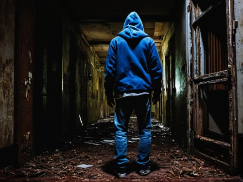 urbex,hooded man,asylum,abandoned room,blue shoes,hoodie,photo session in torn clothes,hooded,drug rehabilitation,abandoned places,abandon,standing man,lost places,live escape game,exclusion,creepy doorway,abandonded,abandoned,pawn,lost place,Conceptual Art,Oil color,Oil Color 06