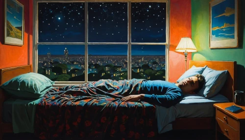 sleeping room,bedroom window,stargazing,night scene,boy's room picture,bedroom,dreaming,room,astronomer,starry night,the night sky,hotelroom,dreams,nighttime,dream world,blue room,romantic night,night time,insomnia,dreamland,Conceptual Art,Fantasy,Fantasy 04