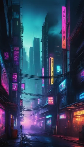 cyberpunk,shinjuku,tokyo city,tokyo,colorful city,cityscape,kowloon,vapor,hong kong,taipei,fantasy city,neon lights,shibuya,neon arrows,futuristic landscape,alleyway,shanghai,city at night,alley,dystopian,Illustration,Abstract Fantasy,Abstract Fantasy 08