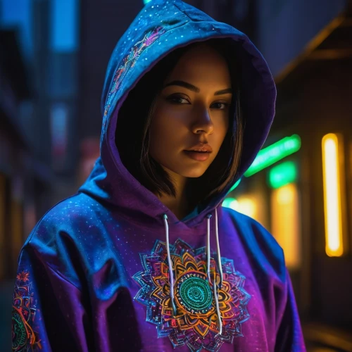 hoodie,hooded,neon body painting,colored lights,photo session at night,mulan,uv,neon,black light,neon colors,sweatshirt,neon light,neon lights,colorful light,abaya,windbreaker,ultraviolet,ipê-purple,puma,hood,Illustration,Retro,Retro 07