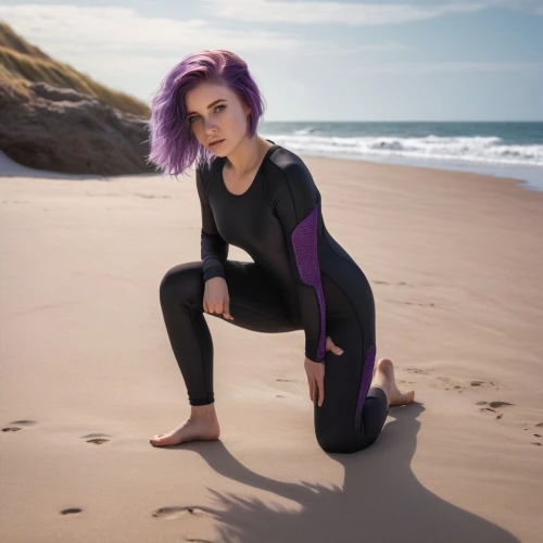 wetsuit,purple,tracksuit,yoga pant,purple skin,leggings,splits,mauve,yoga,beach background,gymnast,wallis day,purple dress,crouching,on the beach,purple and pink,stripped leggings,sweatpant,purple background,girl on the dune,Photography,General,Natural