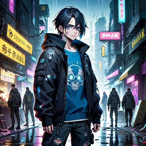 anime japanese clothing,yukio,shibuya,cg artwork,cyberpunk,kojima,sakana,2d,taipei,blue rain,shinjuku,game illustration,anime boy,sci fiction illustration,hong,tokyo city,city youth,jin deui,anime cartoon,pedestrian,Anime,Anime,General