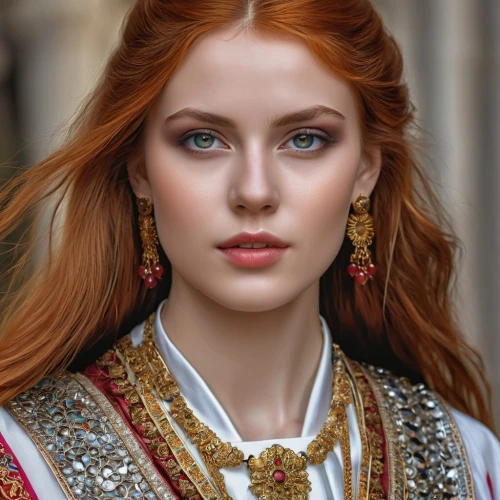 russian folk style,elizabeth i,tudor,thracian,redheads,eurasian,gold jewelry,embellished,jeweled,portrait of a girl,jewelry,jewellery,ukrainian,bylina,earrings,red-haired,redhead,romantic portrait,young woman,autumn jewels,Photography,General,Realistic