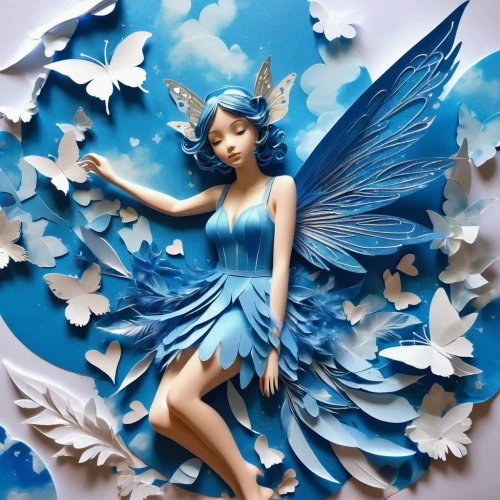 paper art,blue butterfly background,fairy,blue butterfly,blue and white porcelain,faerie,fairy queen,holly blue,flower fairy,faery,angel figure,ulysses butterfly,origami paper,child fairy,rosa 'the fairy,blue enchantress,little girl fairy,blue painting,fairies aloft,rosa ' the fairy,Illustration,Retro,Retro 03