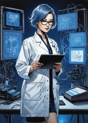 female doctor,theoretician physician,electronic medical record,medical technology,pathologist,cartoon doctor,women in technology,sci fi surgery room,laboratory information,girl at the computer,medical illustration,medical sister,female nurse,scientist,physician,researcher,cyber glasses,sci fiction illustration,biologist,operating room,Illustration,Paper based,Paper Based 30