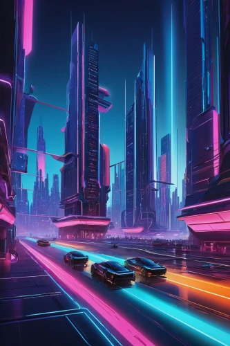 futuristic landscape,futuristic,cyberpunk,cityscape,futuristic car,fantasy city,neon arrows,metropolis,colorful city,80s,3d car wallpaper,city highway,scifi,80's design,sci-fi,sci - fi,sci fiction illustration,cities,retro background,city cities,Illustration,Retro,Retro 05