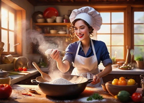 cooking book cover,girl in the kitchen,chef,food and cooking,cooking show,cooking vegetables,red cooking,food preparation,cooking,woman holding pie,men chef,cookware and bakeware,cookery,cooking spoon,making food,woman eating apple,housewife,cooking utensils,cook,gastronomy,Illustration,Realistic Fantasy,Realistic Fantasy 32