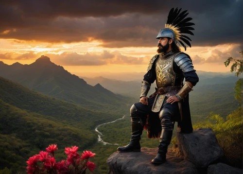 conquistador,fantasy picture,mountaineer,mountain guide,lone warrior,the spirit of the mountains,the wanderer,marvel of peru,thracian,digital compositing,guards of the canyon,pachamama,fantasy portrait,hornbill,mountain spirit,the american indian,fantasy art,biblical narrative characters,chiapas,el salvador,Illustration,Realistic Fantasy,Realistic Fantasy 33
