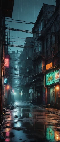 kowloon city,hanoi,kowloon,chinatown,alleyway,cyberpunk,rainy,world digital painting,alley,shanghai,heavy rain,weather-beaten,atmosphere,china town,slums,slum,taipei,monsoon,blue rain,blind alley,Illustration,Japanese style,Japanese Style 10