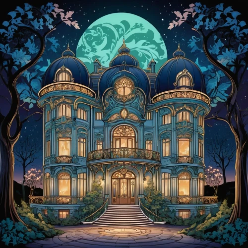 witch's house,victorian house,victorian,fairy tale castle,house silhouette,halloween illustration,witch house,halloween background,the haunted house,house in the forest,ghost castle,art nouveau,ancient house,dandelion hall,art nouveau design,haunted house,halloween wallpaper,haunted castle,house of the sea,victorian style,Illustration,Retro,Retro 13