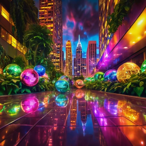 dubai garden glow,fantasy city,colorful city,futuristic landscape,colored lights,singapore,light paint,3d fantasy,world digital painting,3d background,vivid sydney,fantasy world,colorful light,ambient lights,futuristic art museum,virtual landscape,bangkok,city scape,alien world,cartoon video game background,Illustration,Realistic Fantasy,Realistic Fantasy 38