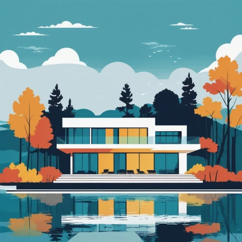mid century house,mid century modern,house with lake,house by the water,mid century,houseboat,modern house,pool house,boathouse,houses clipart,boat house,villa,home landscape,art deco,house in the forest,fall landscape,modern architecture,summer house,lake view,aqua studio,Illustration,Vector,Vector 01